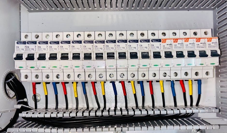 Battery isolator kit wiring and circuit breakers in an electrical panel, illustrating setup options for off-grid power systems