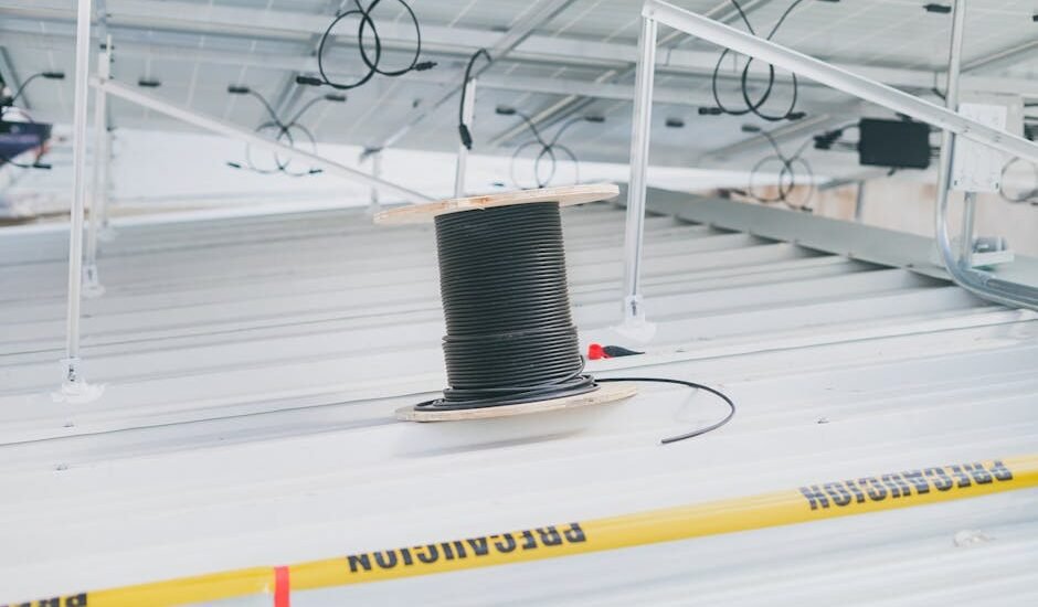 A spool of black solar extension cable sits on a metal roof beneath mounted solar panels, illustrating solar wiring setup.
