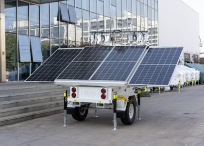 A mobile solar generator trailer with large solar panels is parked outside a modern building, illustrating off-grid power options for the gas vs propane generat