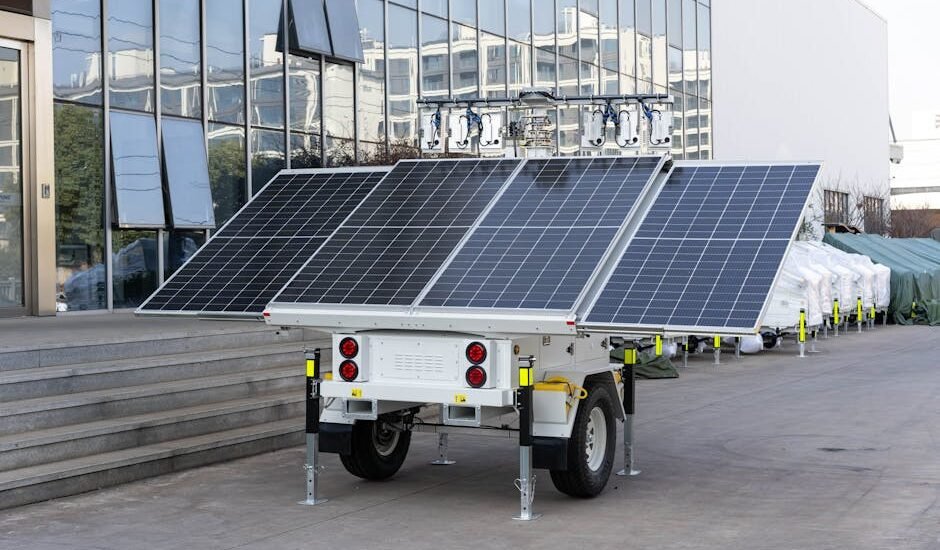 A mobile solar generator trailer with large solar panels is parked outside a modern building, illustrating off-grid power options for the gas vs propane generat
