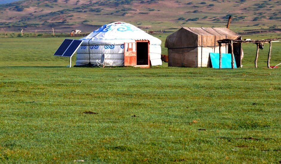 Portable solar panel set up next to a yurt on open grassland, illustrating off-grid camping power options.