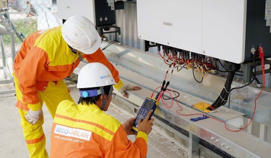 Two technicians in safety gear test a large solar string inverter, illustrating the differences between string and micro inverters.