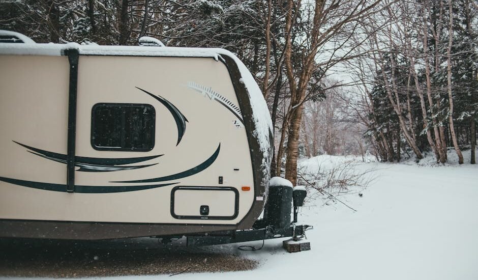 RV parked in a snowy forest, illustrating the need for reliable RV power converters in cold weather conditions.