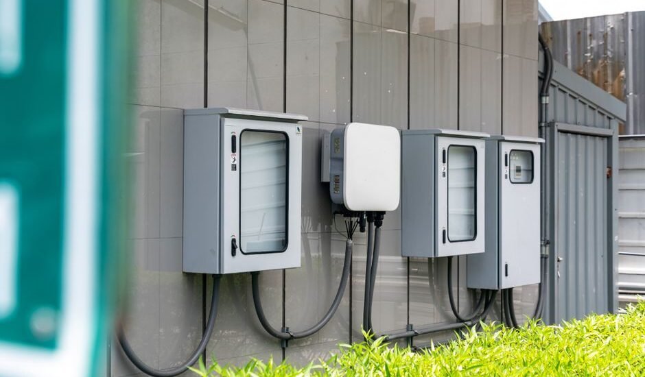 Image of outdoor solar battery enclosures mounted on a wall, relevant to solar battery enclosure selection.