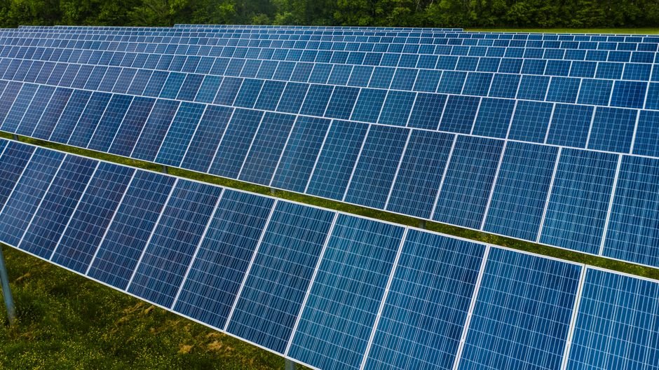 A field of solar panels illustrating the differences between monocrystalline and polycrystalline types for the article.